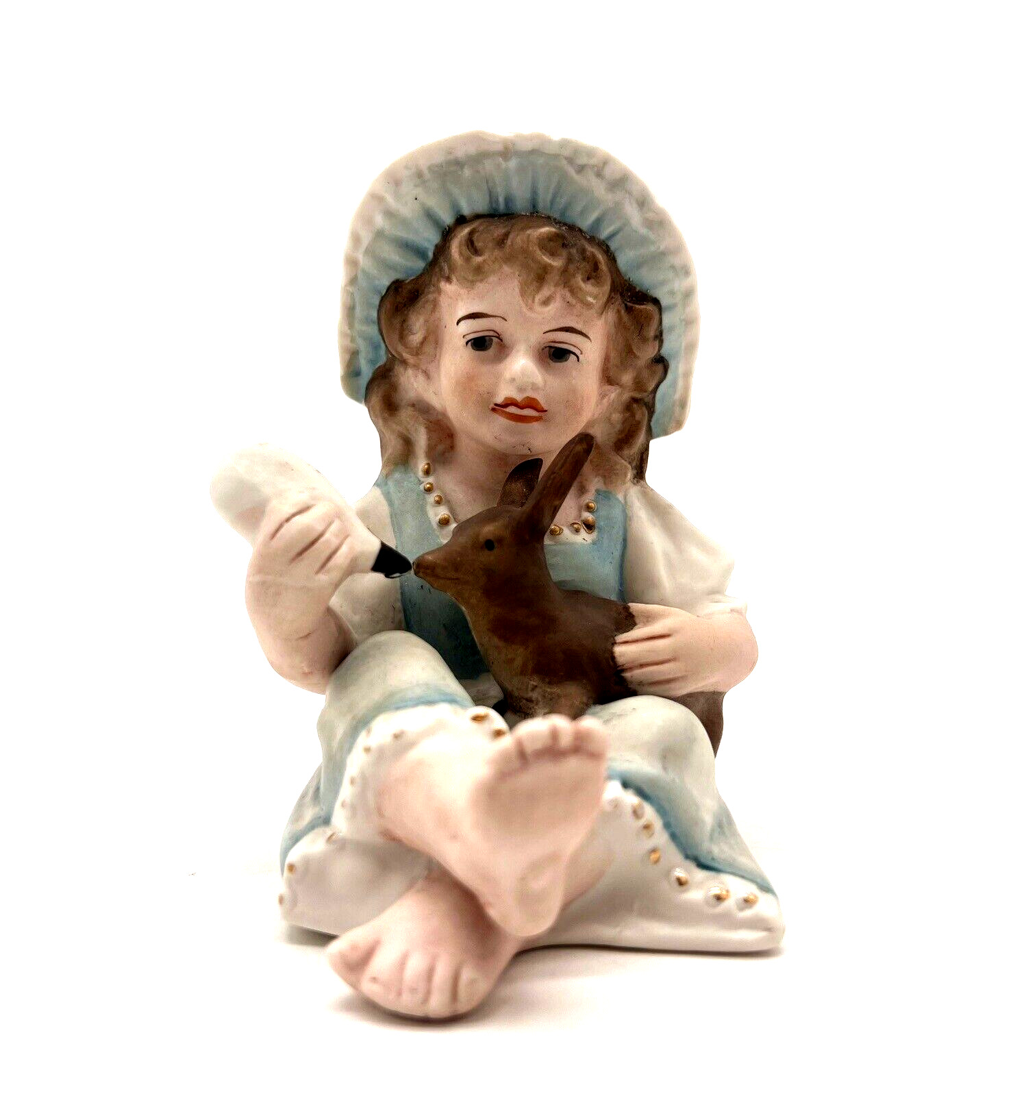 Antique German Porcelain Bisque Piano Baby Figurine Girl In Bonnet Feeding Deer