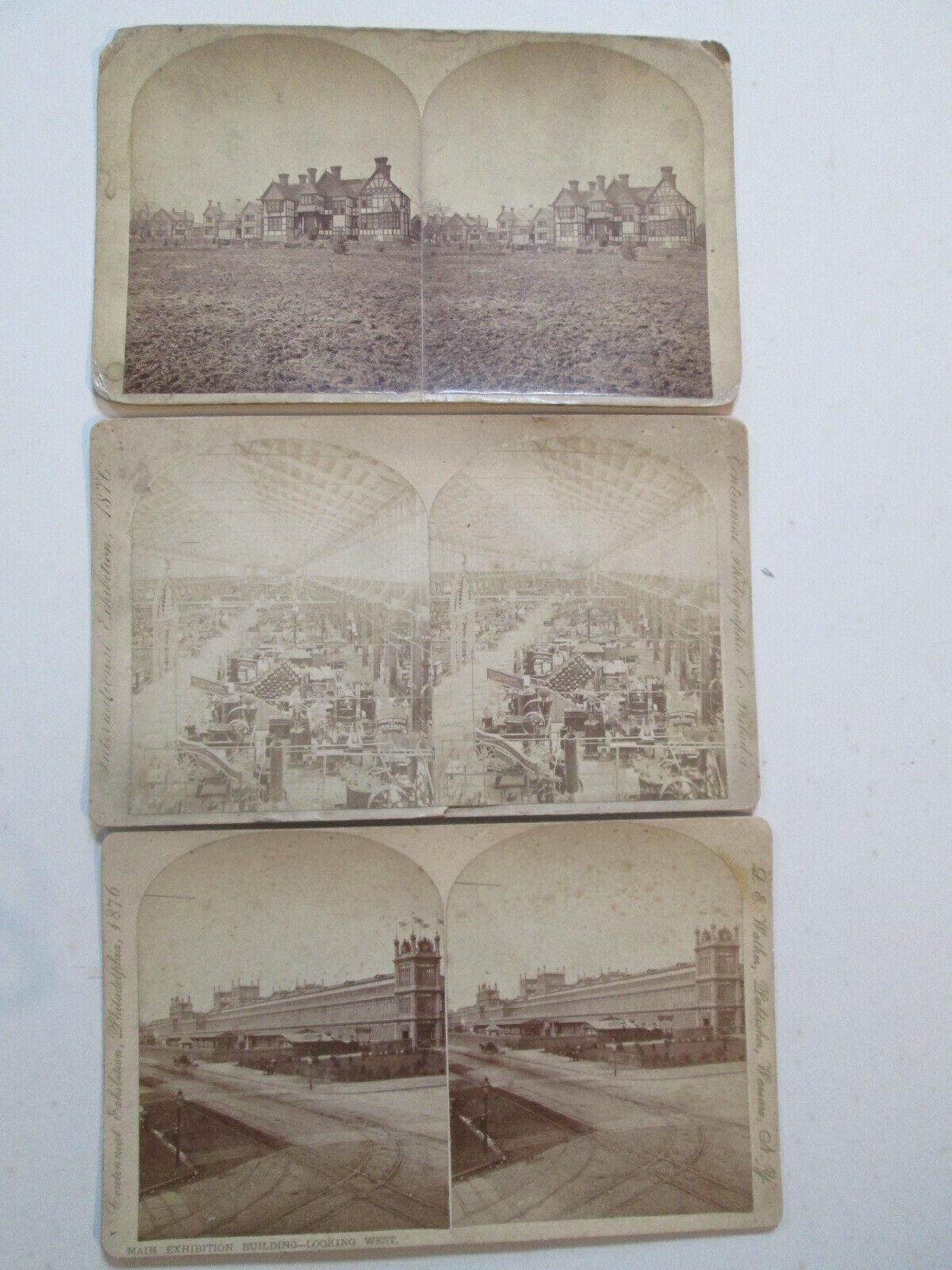 3 Stereoviews Philadelphia Centennial Exhibition 1876-British Gov\'t Bldgs,Main,&
