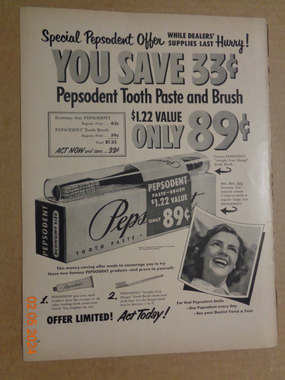 Vintage Print Ad -1951 for Pepsodent Toothpaste and Aquamarine Deodorant