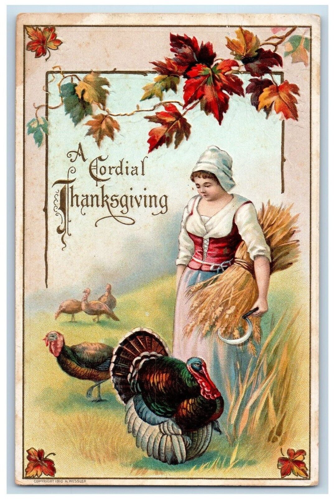 c1910's Thanksgiving Woman Whreat Bundle And Turkeys Embossed Antique Postcard