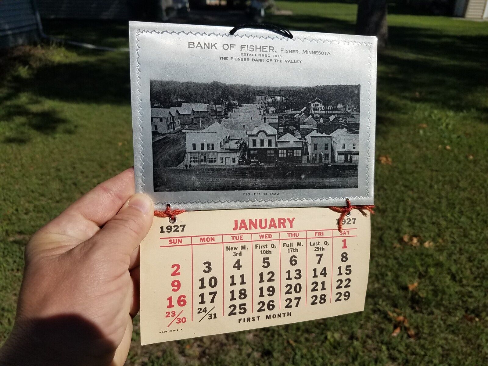 Vtg 1927 Bank of Fisher Minnesota Advertising Calendar w/ Tin 1882 Town Picture