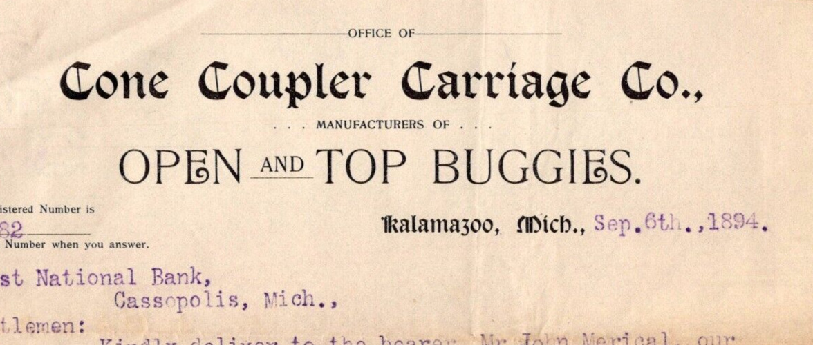 1894 Cone Coupler Carriage Co Top Buggies Kalamazoo MI Collection Receipt 2