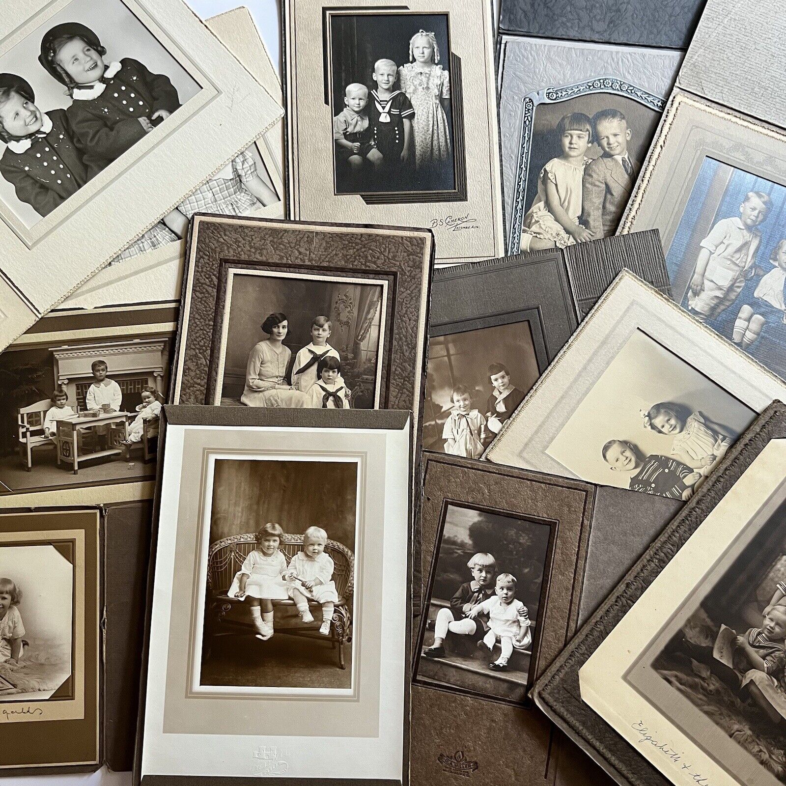 Antique Trifold Photograph Adorable Children Boy & Girl Brother Sister Lot Of 13