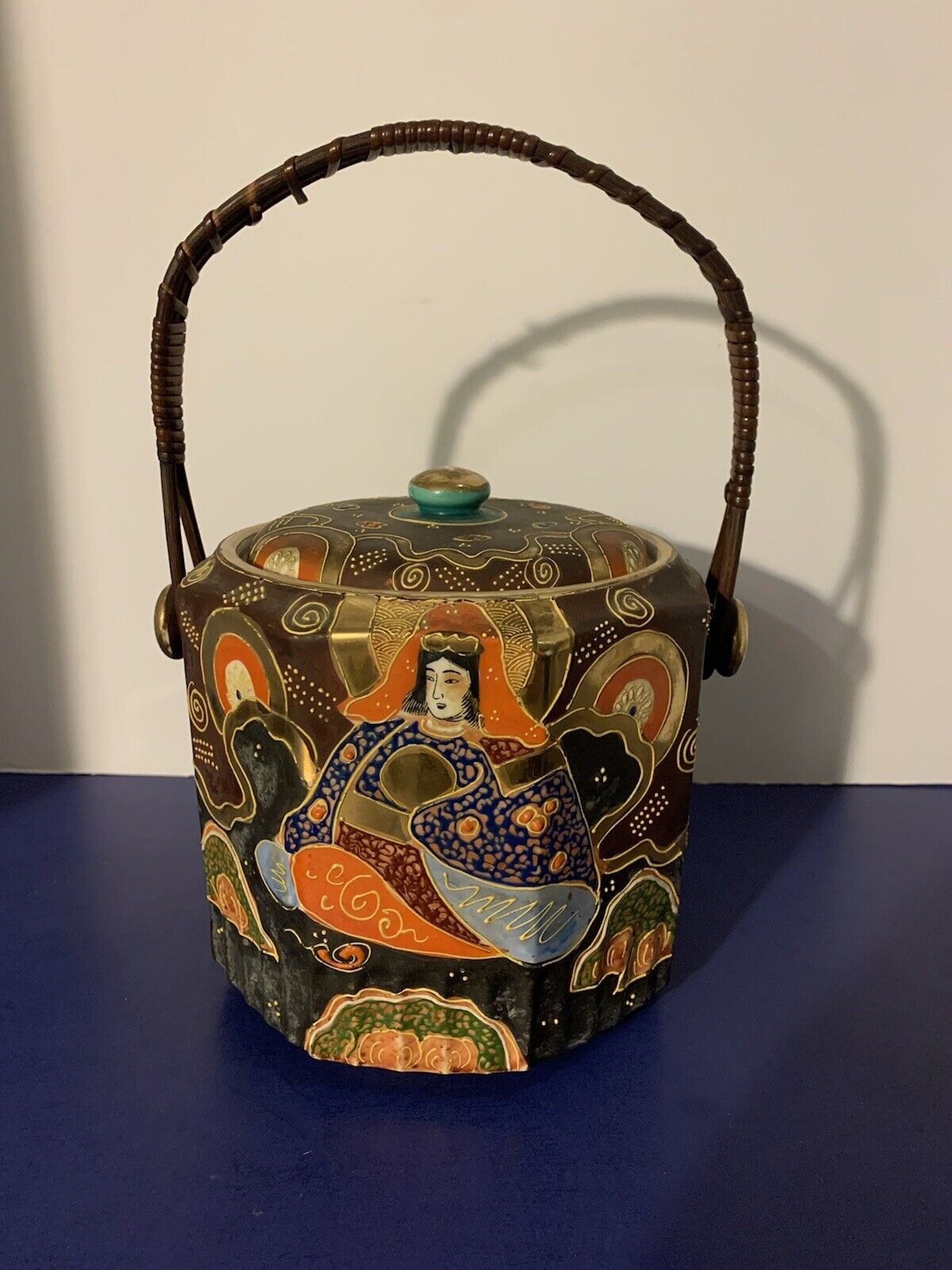 Vintage Japanese Satsuma Moriage Ice Bucket with Lid And Handle