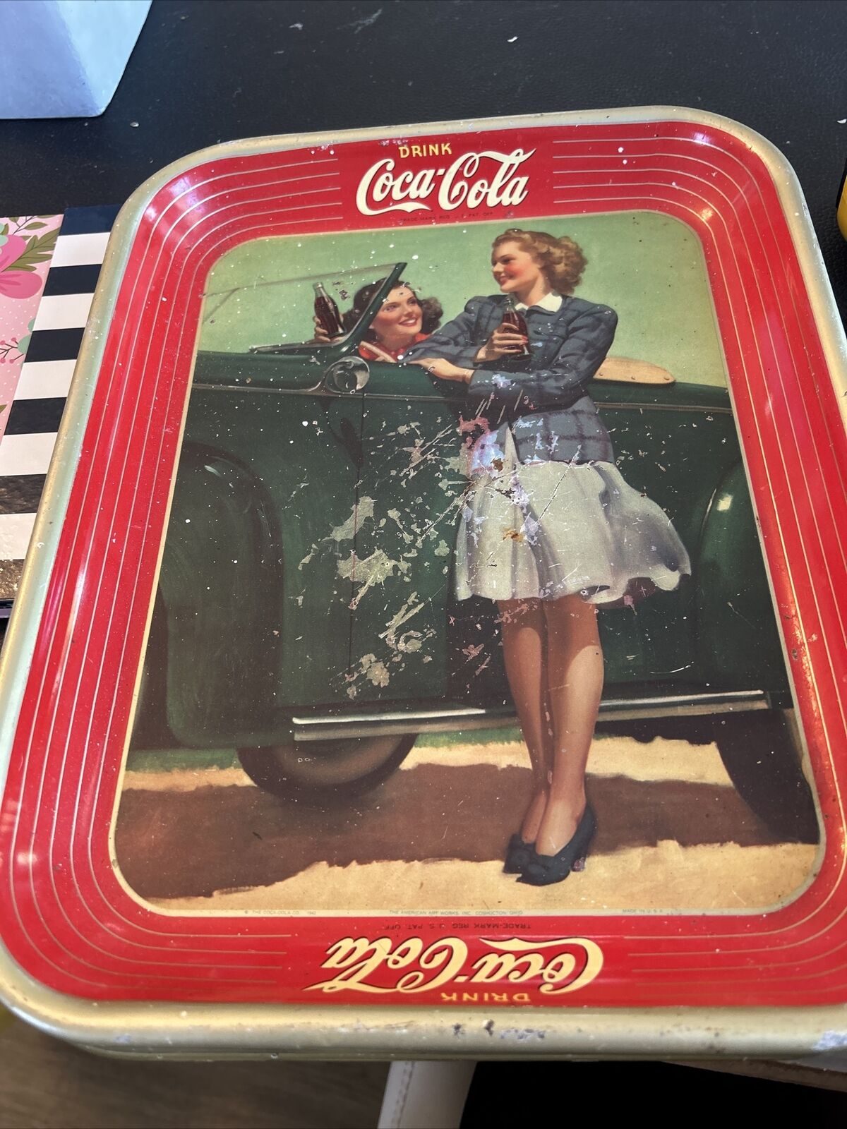 ANTIQUE VTG 1942 COCA COLA COKE METAL SERVING TRAY 2 GIRLS & CAR 13 1/4 X 10 1/2