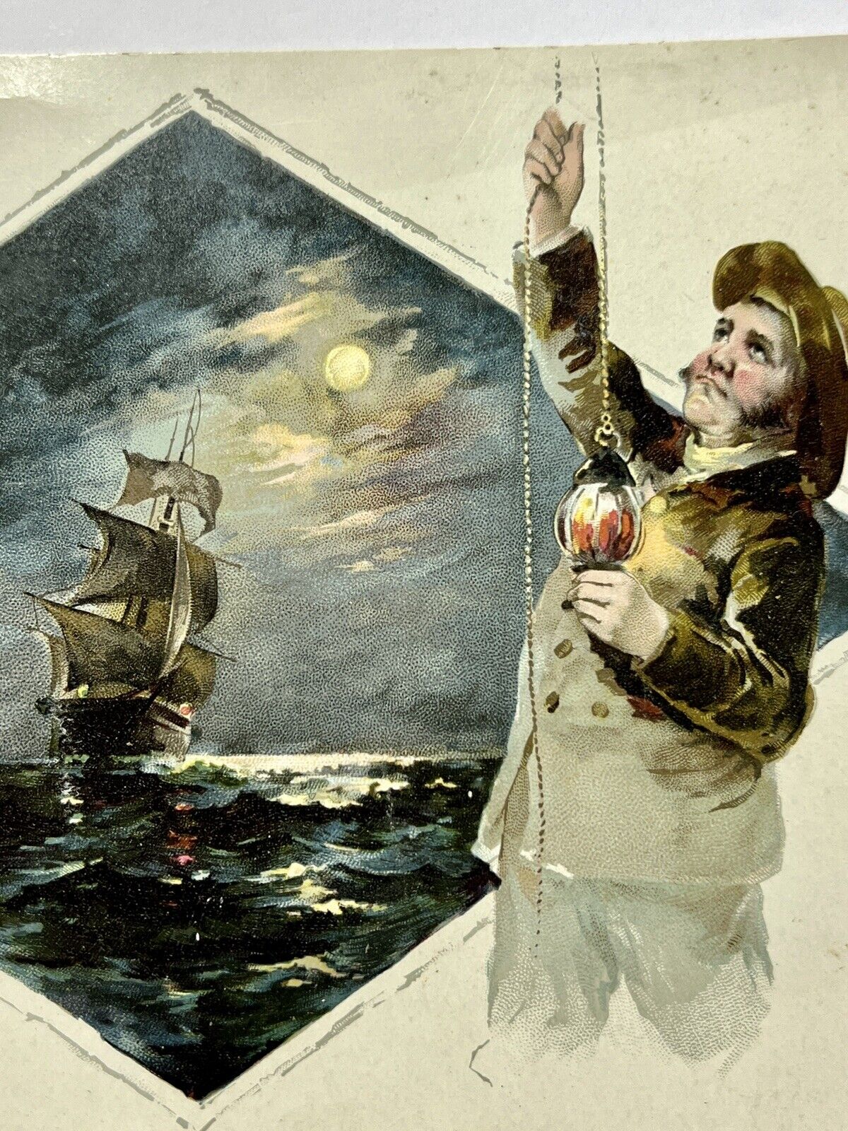 Victorian Trade Card Clark’s Thread Sea Shop Lamp Large Size Night On The Sea
