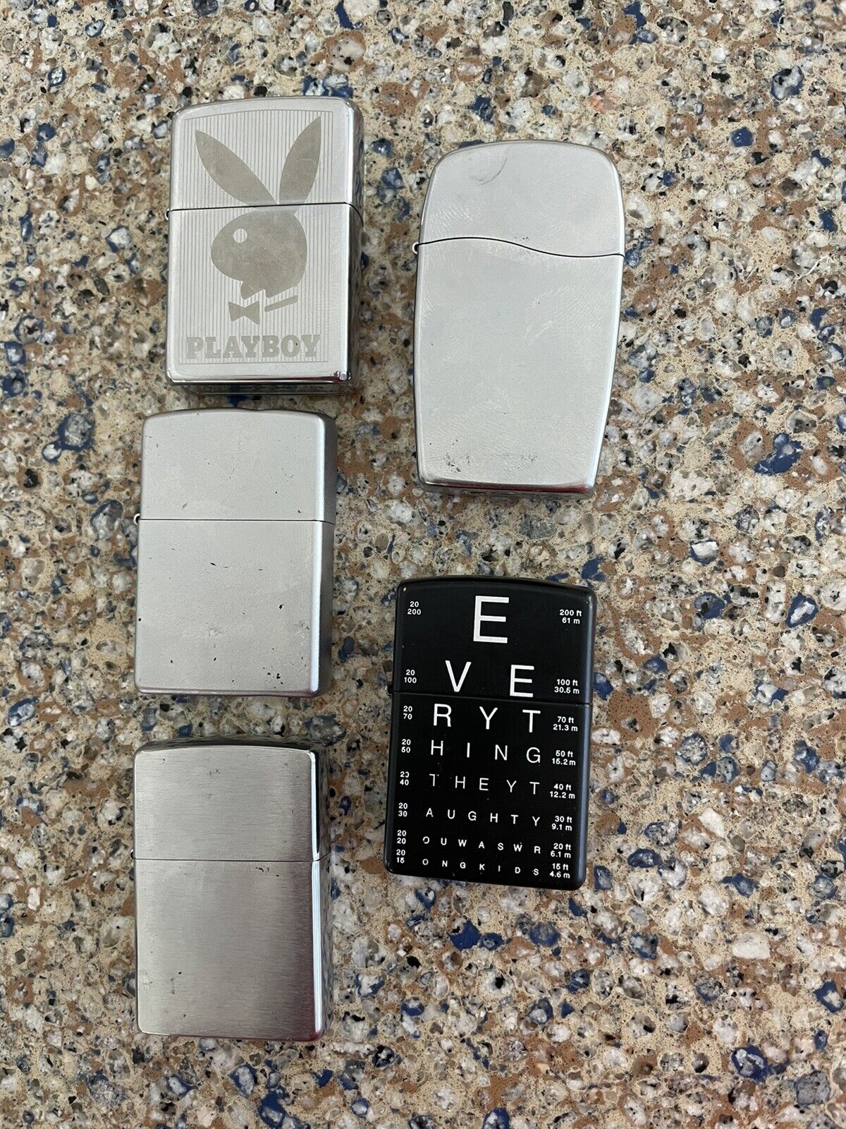 Vintage Zippo Lighters Made In U.S.A - Lot Of 5 Playboy Eye Test Brushed BLU
