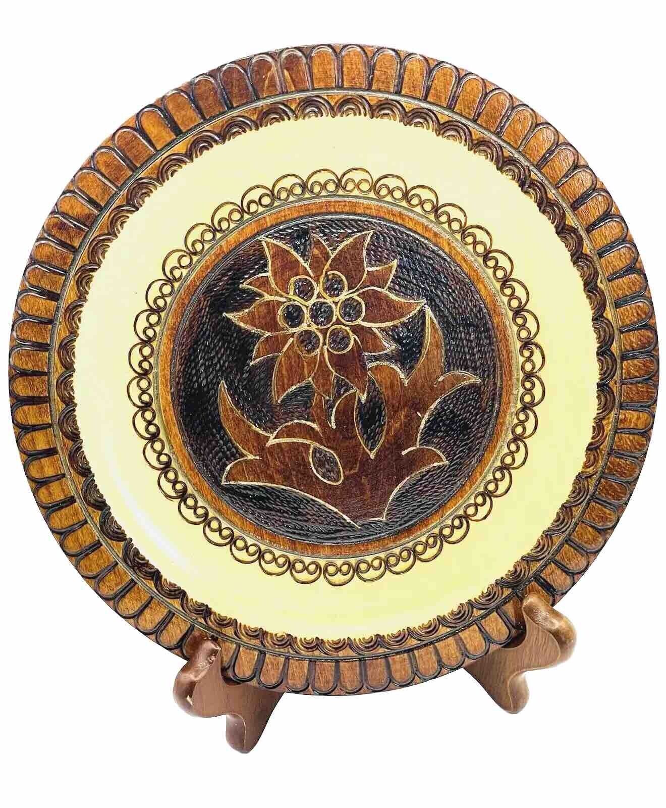 Polish Carved Wood Round Floral Plate Folk Art Poland Vintage