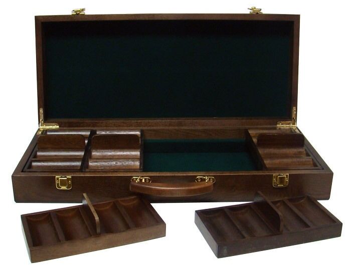 500 Ct Walnut Wooden Poker Chip Case with Trays, Felt Lining (No Chips/Cards)