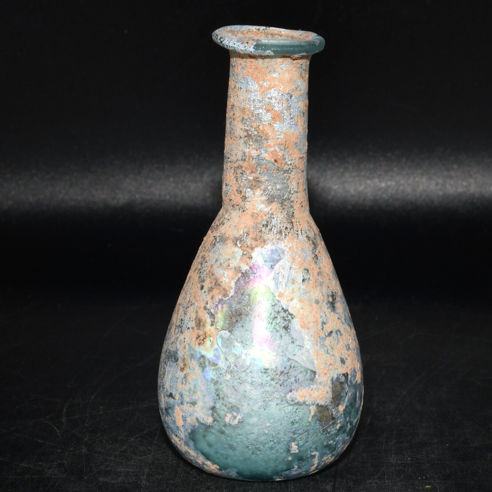 Intact Ancient Roman Glass Unguentarium Bottle with Rainbow Iridescent Patina