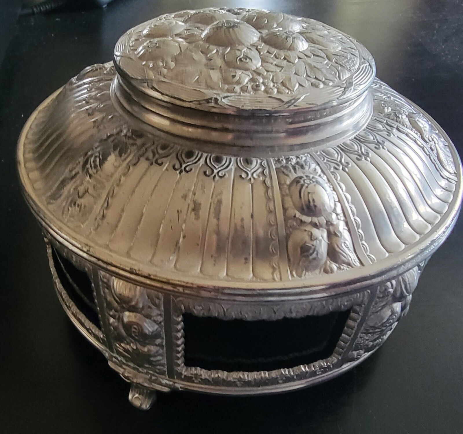 Antique Silver Over  Pewter Lidded Jewelry/Trinket Box W/ Cobalt Blue Glass 5.5\