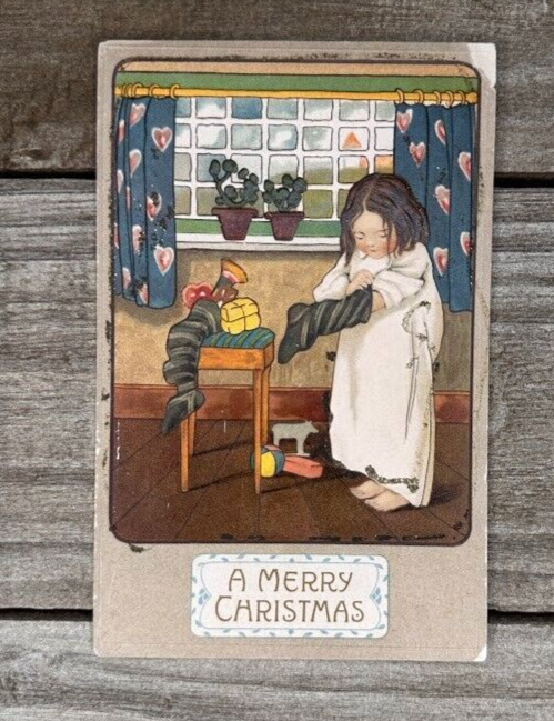 Vintage Postcard A Merry Christmas Child Stocking Toys Morning Opening Presents