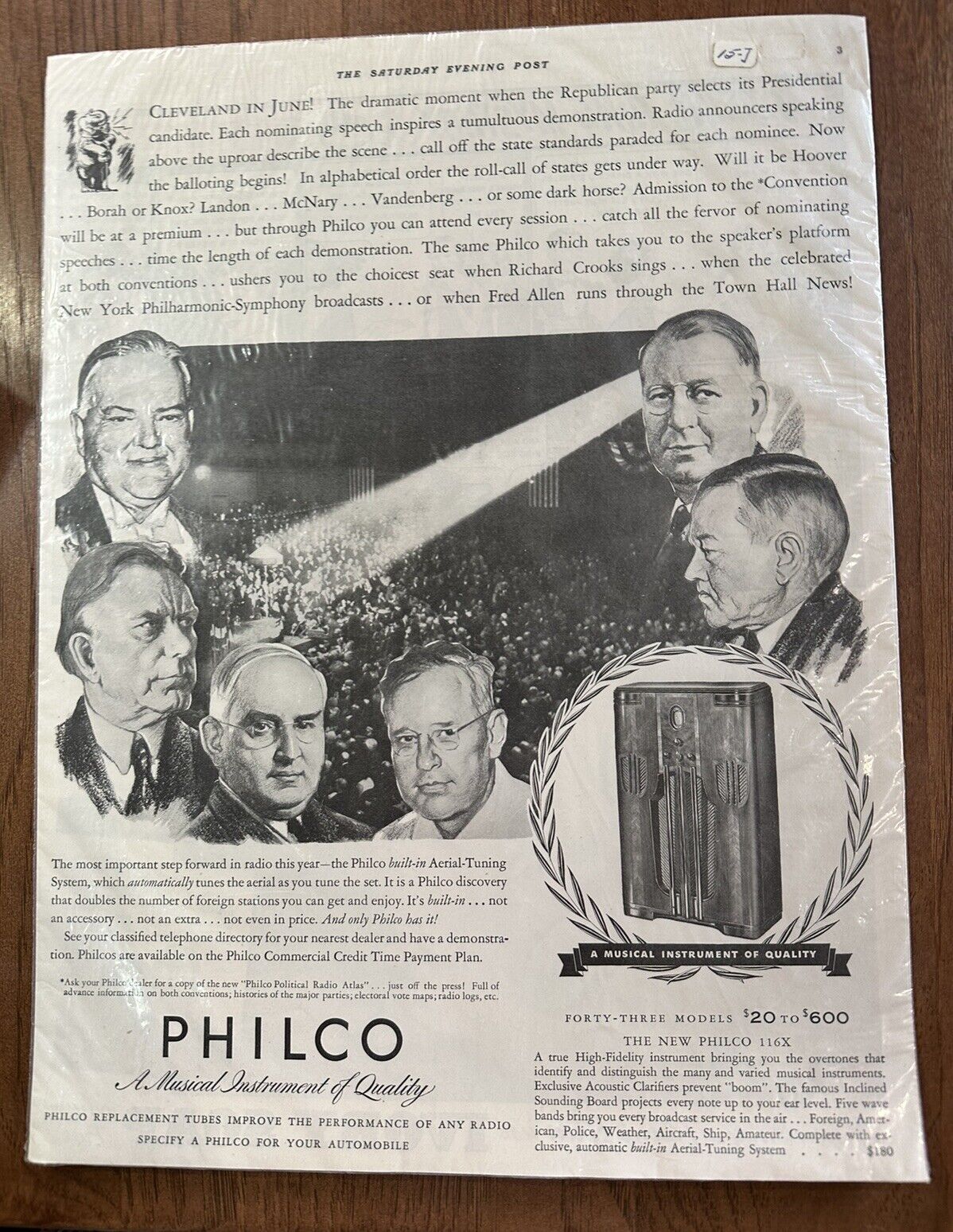 Herbert Hoover Republican Presidential Candidate Ad Philco Radio Saturday Post