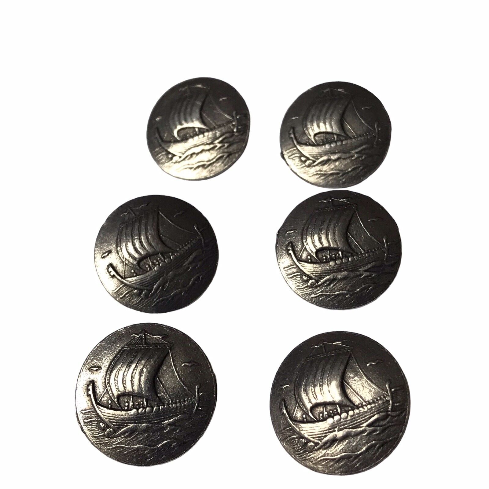 Set Of Six Vintage Norwegian Viking Ships Silver Nordic Sweden Sweater Buttons