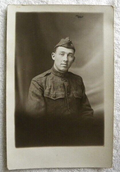 1918 Joe Hanus in Military Uniform, Tama, Iowa IA, WWI Soldier Real Photo, RPPC