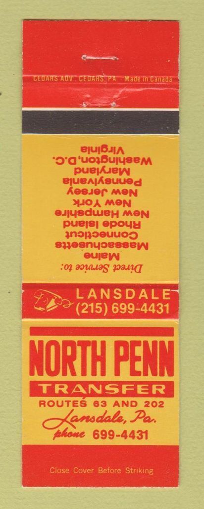 Matchbook Cover - North Penn Transfer Trucking Lansdale PA