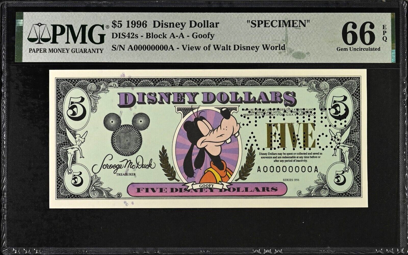 EXTREMELY RARE 1996 A $5 Disney Dollar SPECIMEN 66EPQ DIS42s A00000000A TOP POP