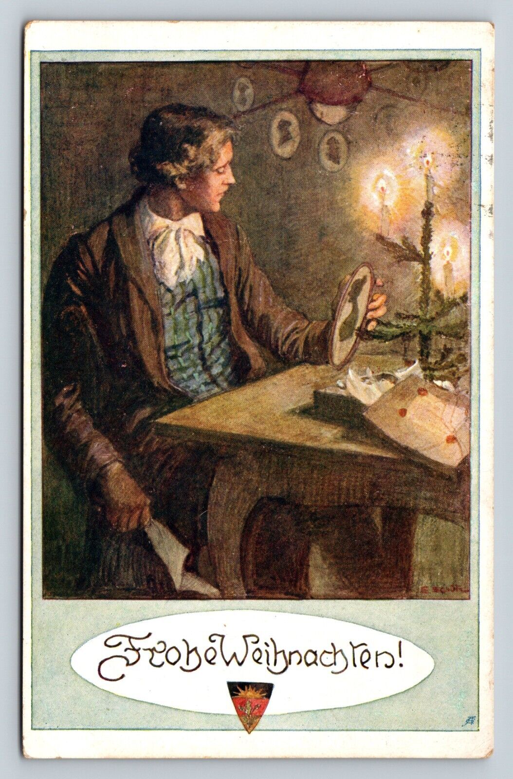 c1913 Man at Candle Lit Table Happy Christmas ANTIQUE Postcard 1187