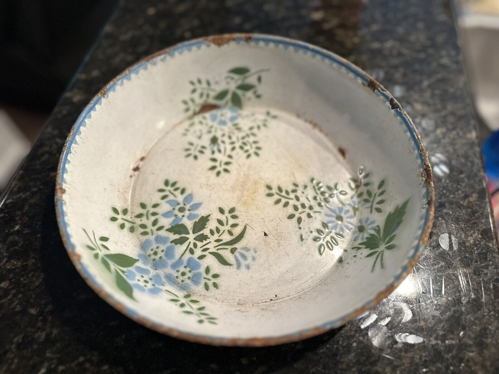 Kitchenalia Vintage White Blue Enamel Plate Forgot Me Not Flowers 