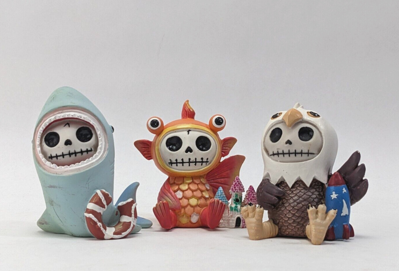 Furry Bones Figurines: Sharkie the Shark, Baldie the Eagle & Demekin Goldfish