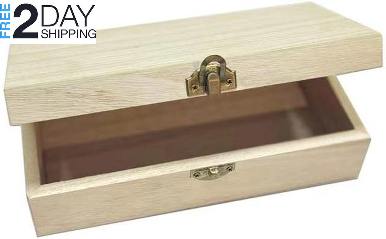 NA Unfinished Wooden Box, 8X4X2.3 Inch Storage Box with Hinge Lid, Small Wooden