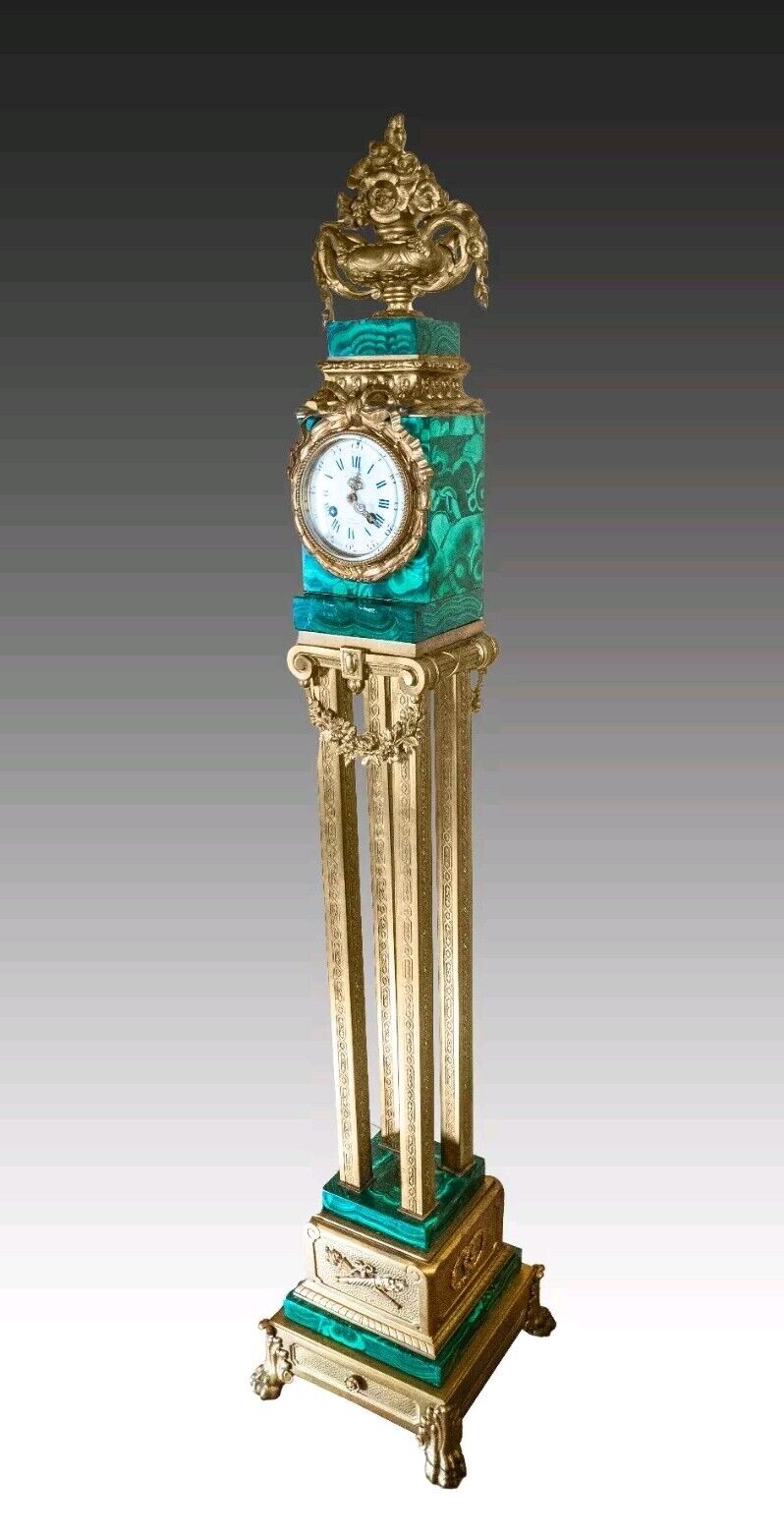 Rare Large 19C French Gilt Bronze Malachite Clock