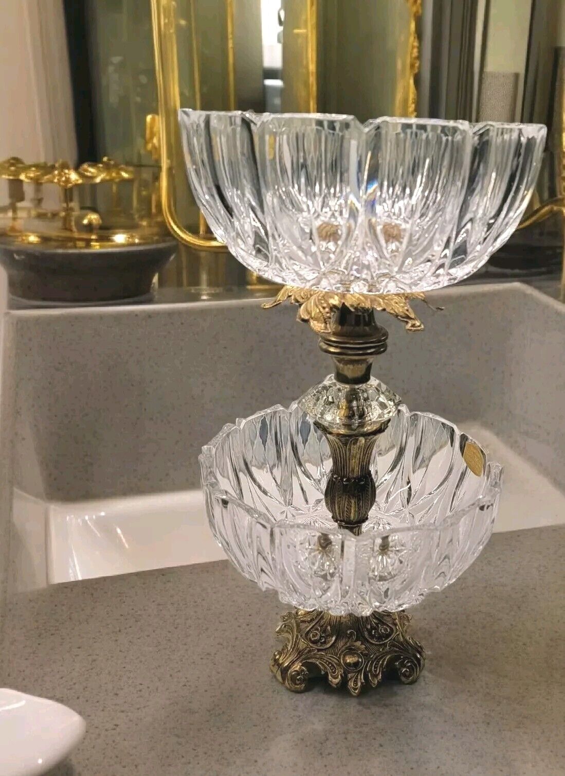 Hollywood Regency Gold Two Tier Victorian Crystal Tray Organizer Pedestal Ornate