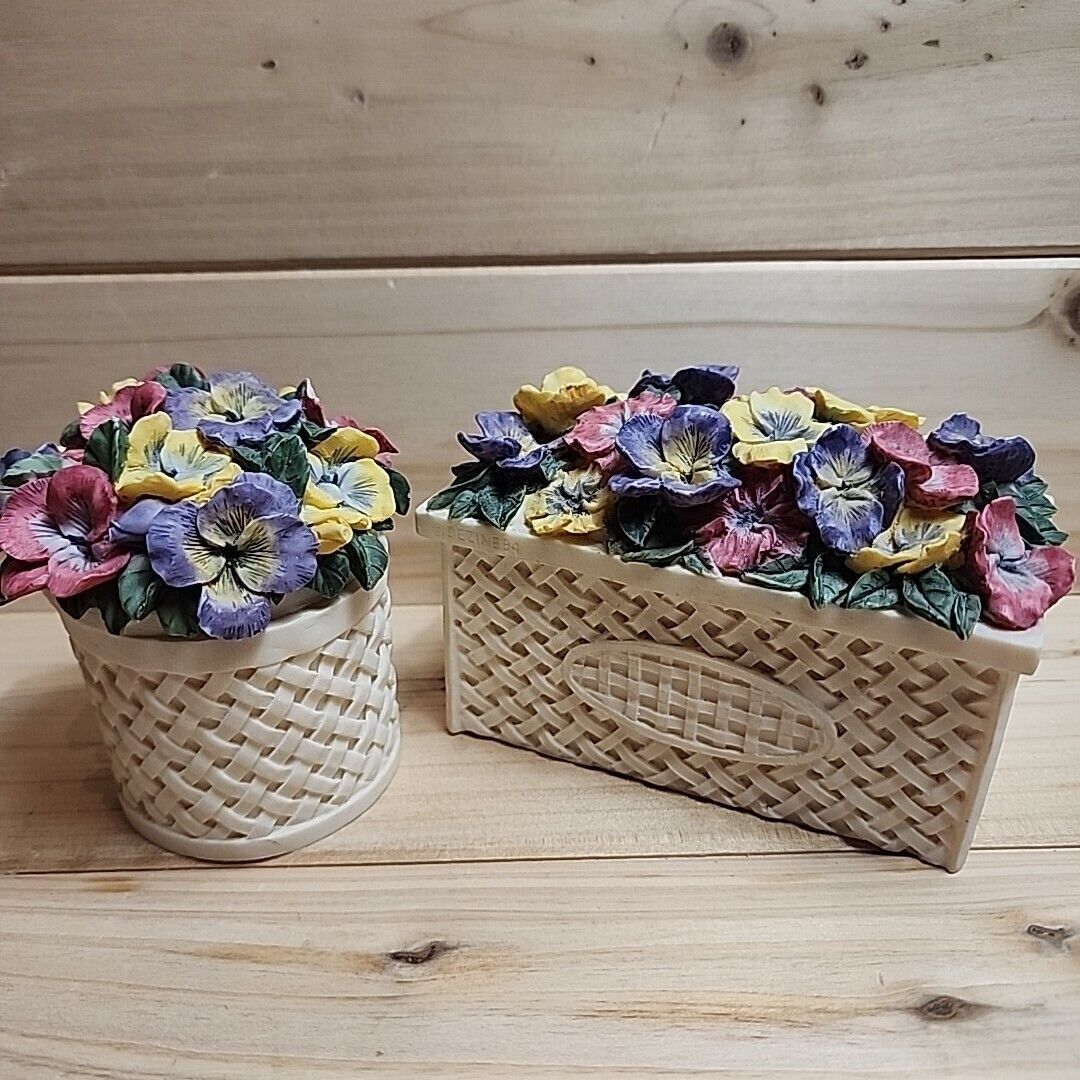 Dezine Trinket Boxes Hand Painted Flowers Pansies Granny Core Vtg 93 Basket Weav