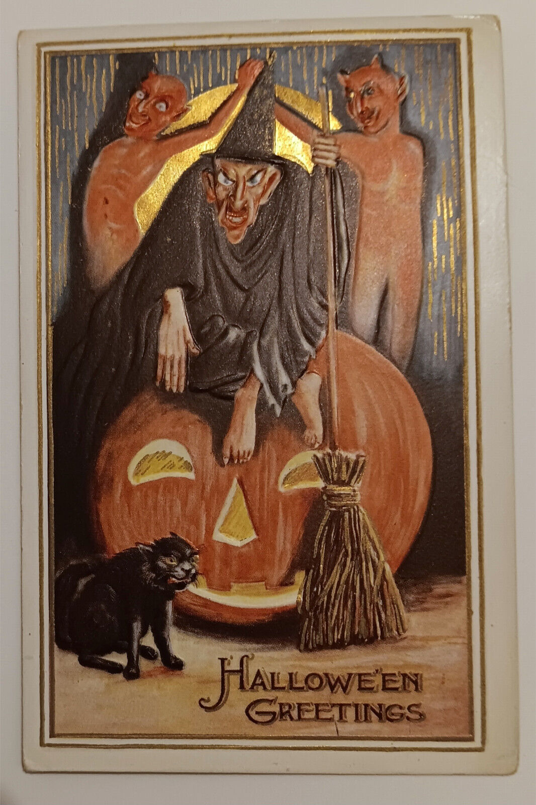 VTG/Antique Halloween Post Card Witch/Demons/Black Cat/JOL Nash? Early 1900s