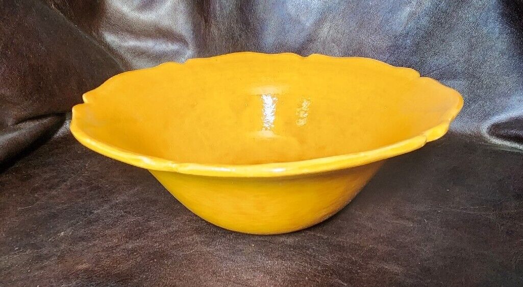 Vintage French Biot Pottery 10.75” D Serving Bowl, Provincial/Scalloped Trim