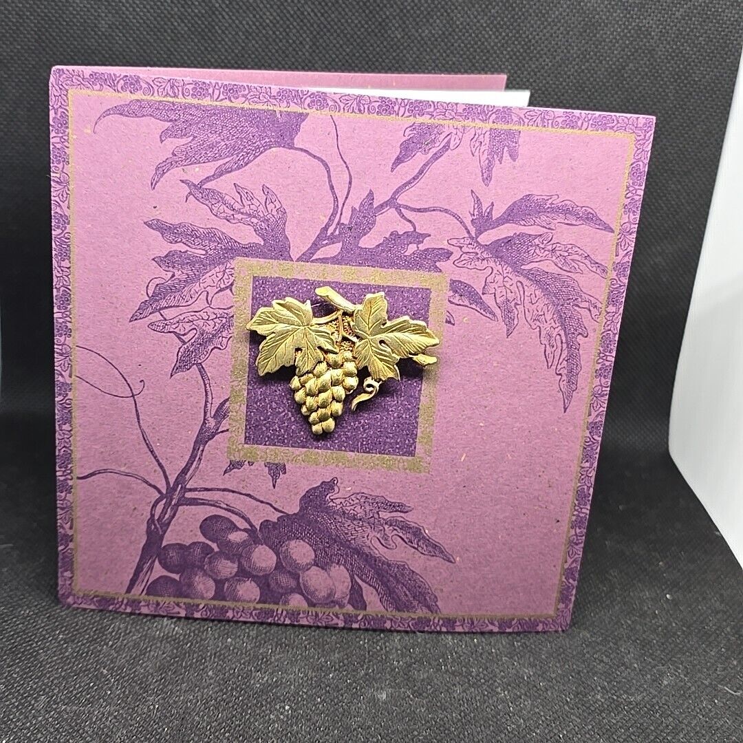 Hallmark Pin 1997 Vtg Antique Brass Grapes Leaf On Greeting Card Brooch Special