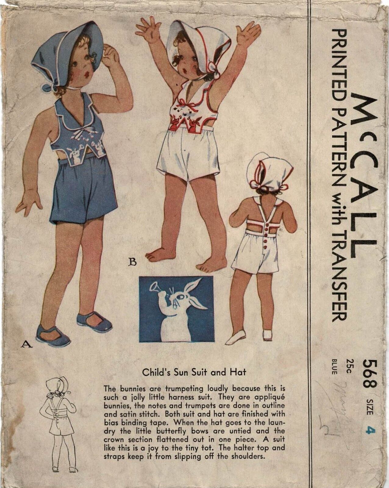 Childs SUN SUIT w BONNET Hat Bunny Applique RARE McCall 568 Vtg Sewing Pattern