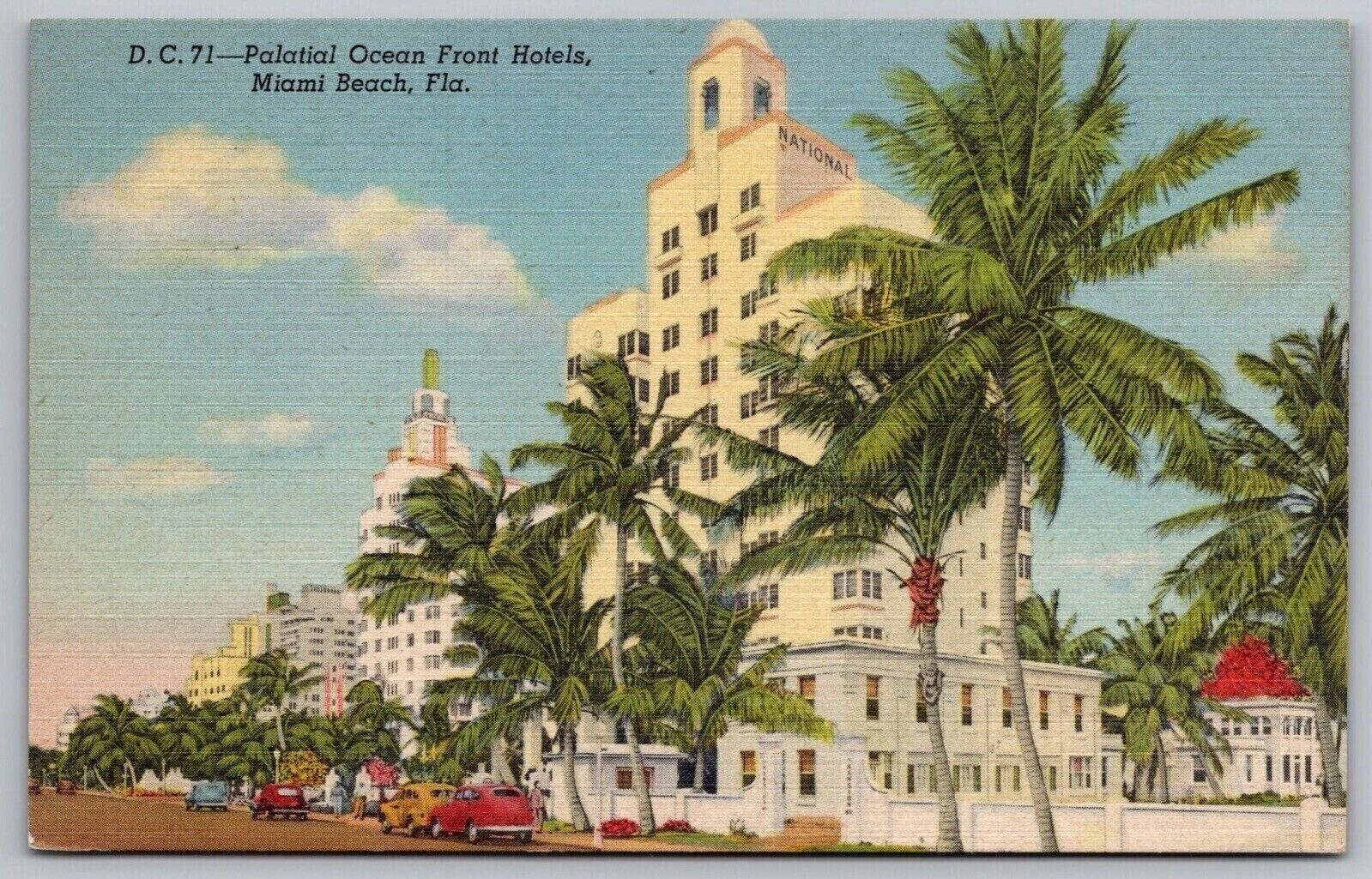 Palatial Ocean Front Hotels Miami Beach Florida Street View Old Cars Postcard