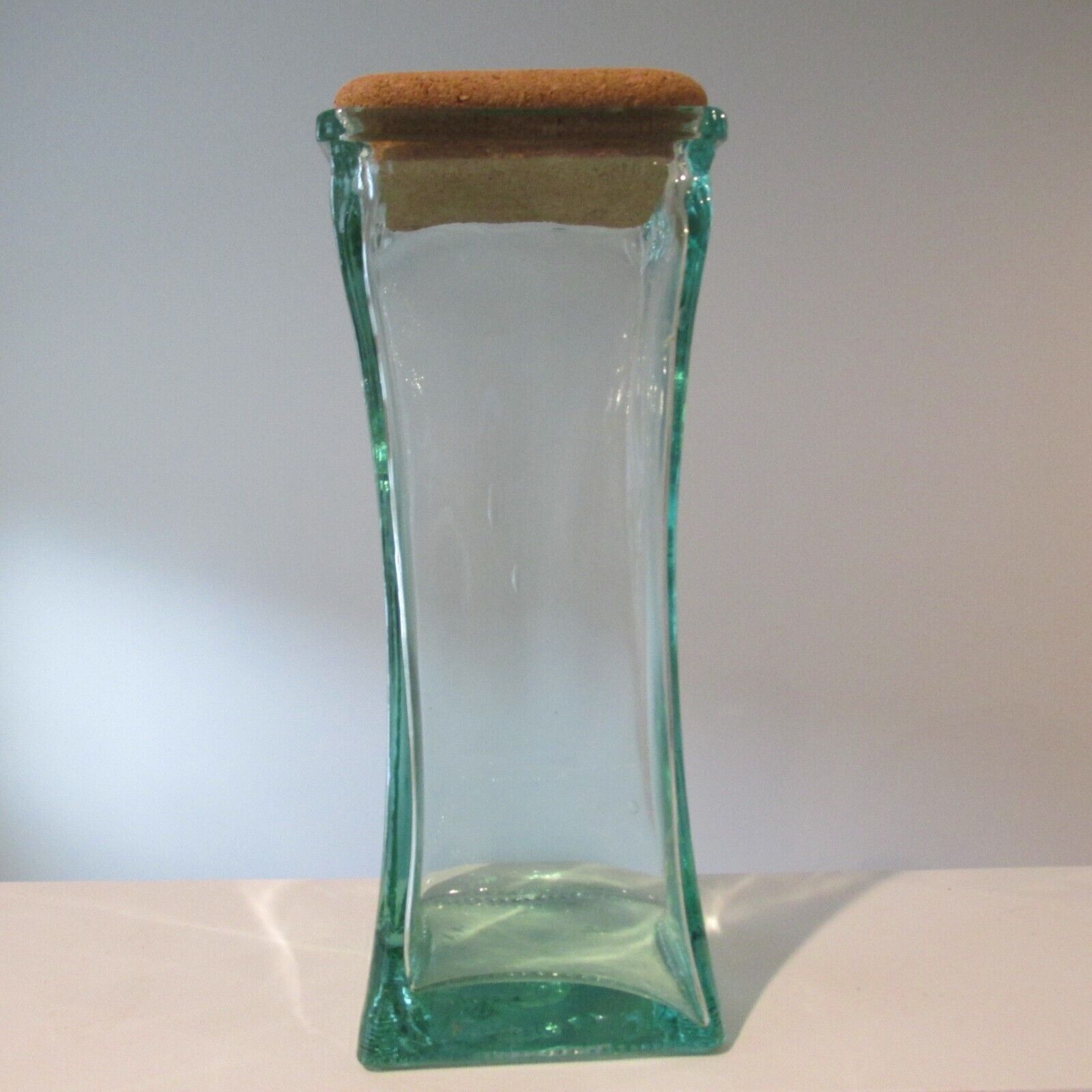 Vintage SVE A Italy Green Glass Square Vase Jar w Cork Lid 11.75\