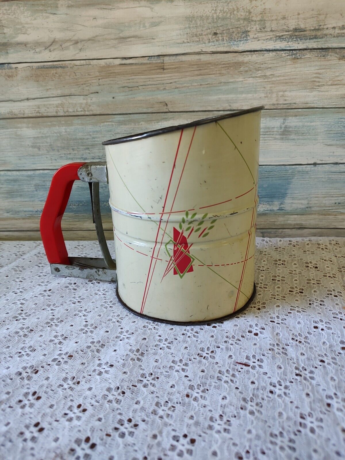 Vintage Metal Flour Sifter with Red Handle Retro Triple Screen Red & Green 