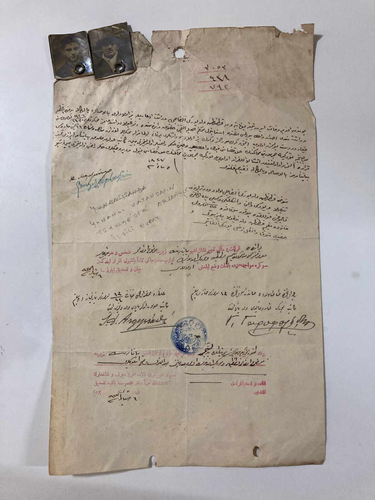 Ottoman Document on the Exchange Between Turks and Greeks, With Photo  1927