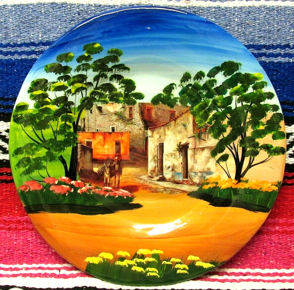 Mexican Scenic Village Redware Clay Plates Wall Art 12 1/2 inch