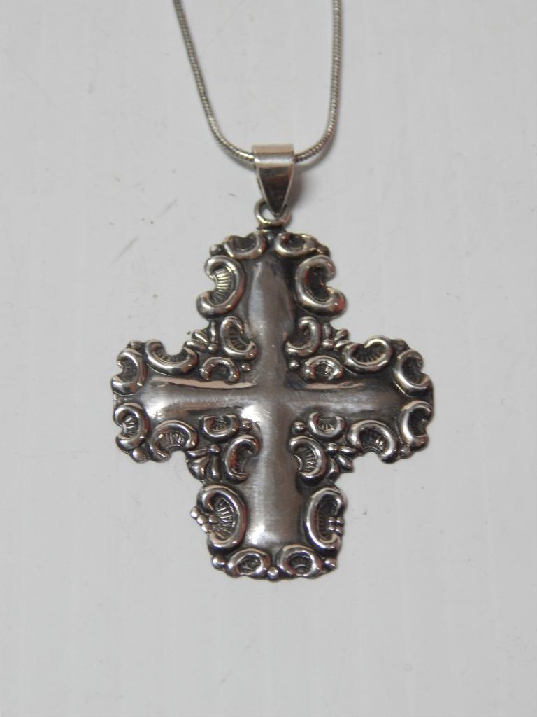 LRG SHOWY VINTAGE MEXICAN SOUTHWEST STERLING SILVER CROSS + FREE CHAIN NECKLACE