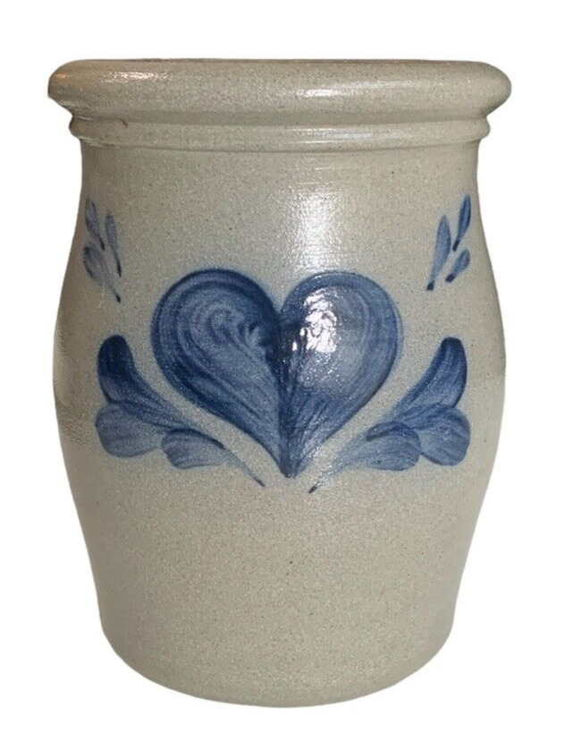 Rowe Pottery Works 1996 Heart Crock Vase Blue Salt Glazed Cambridge Wisconsin 7”