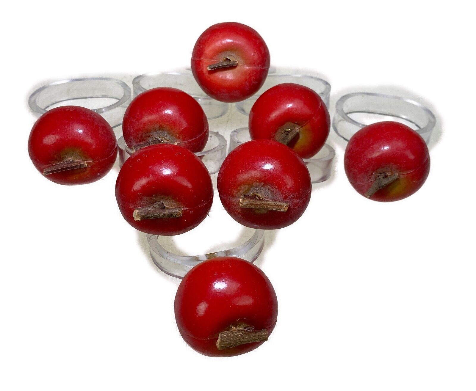 8 Apple Top Napkin Ring Holders Vtg Plastic Fruit Retro H3”