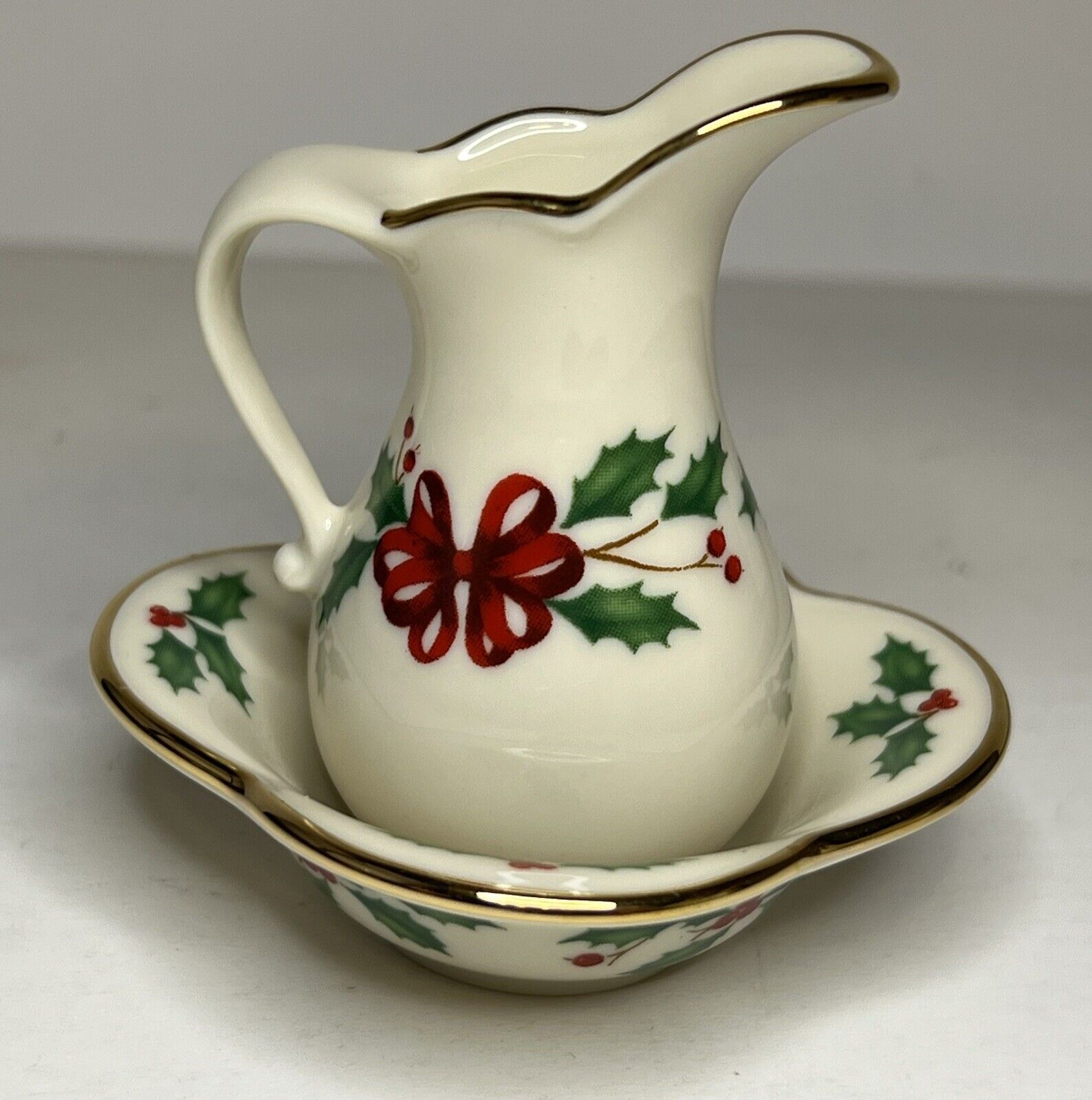 LENOX Christmas Ornament Miniature Water Pitcher & Bowl Red Bow Holly Berries