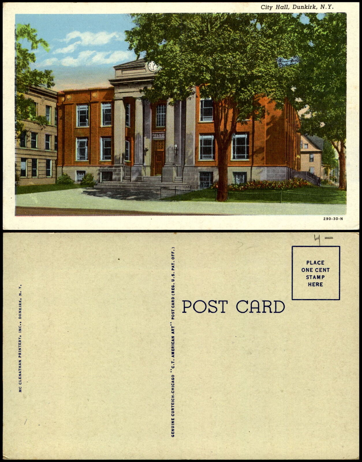 City Hall Dunkirk NY New York 1930s linen postcard