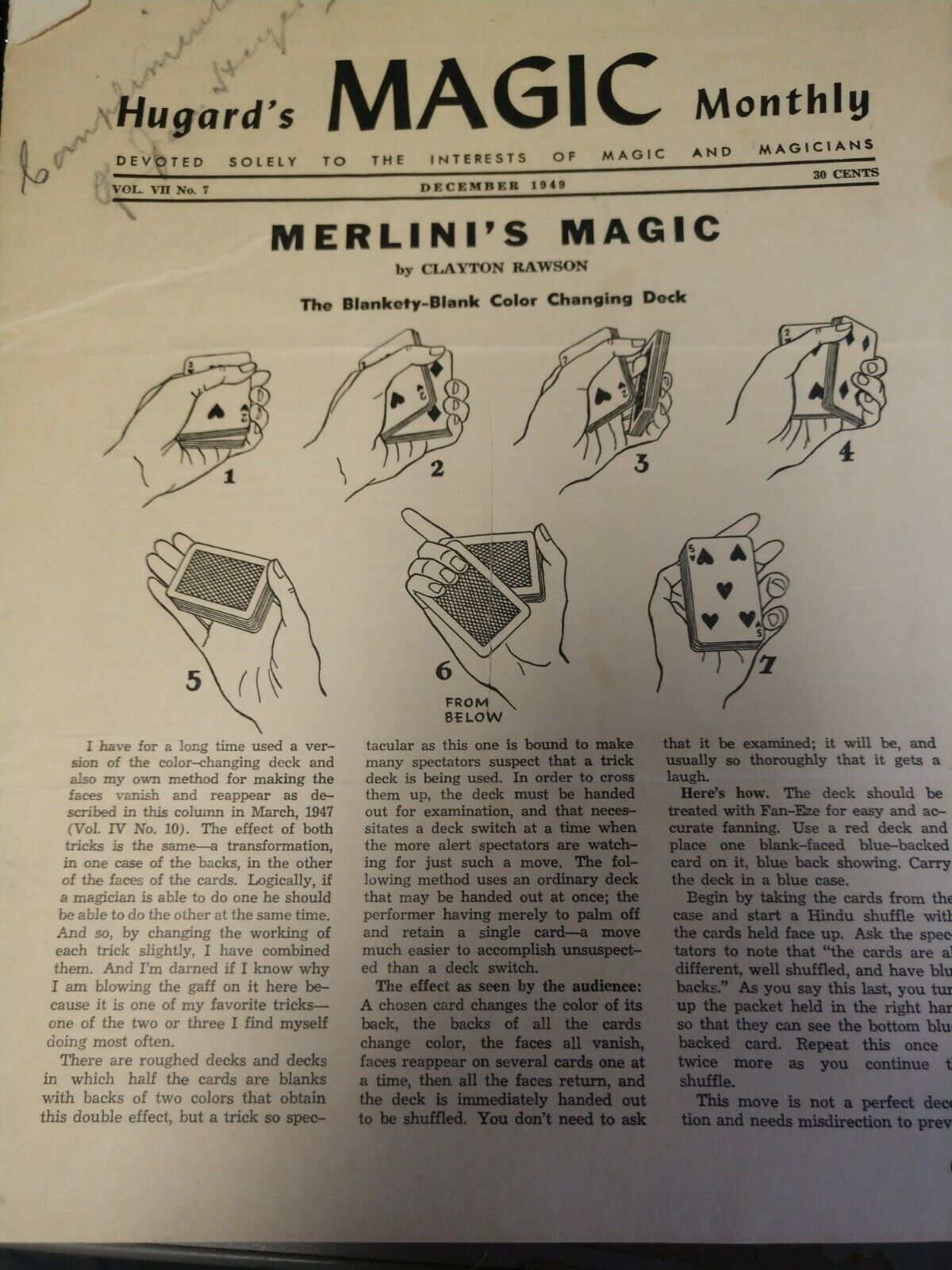Original Hugard\'s Magic Monthly Vol VII No. 7 1949