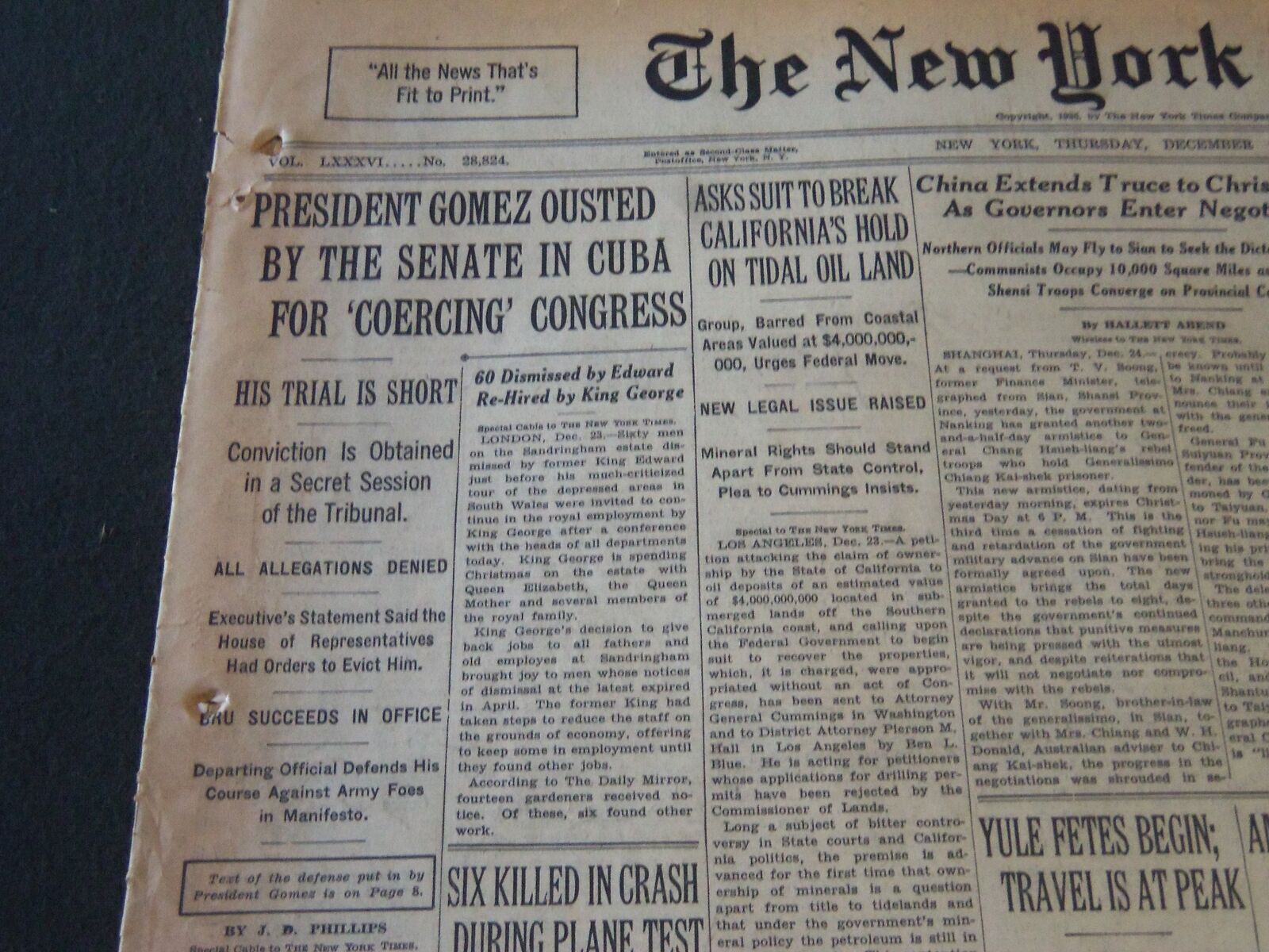 1936 DECEMBER 24 NEW YORK TIMES - PRESIDENT GOMEZ OUSTED IN CUBA - NT 6695