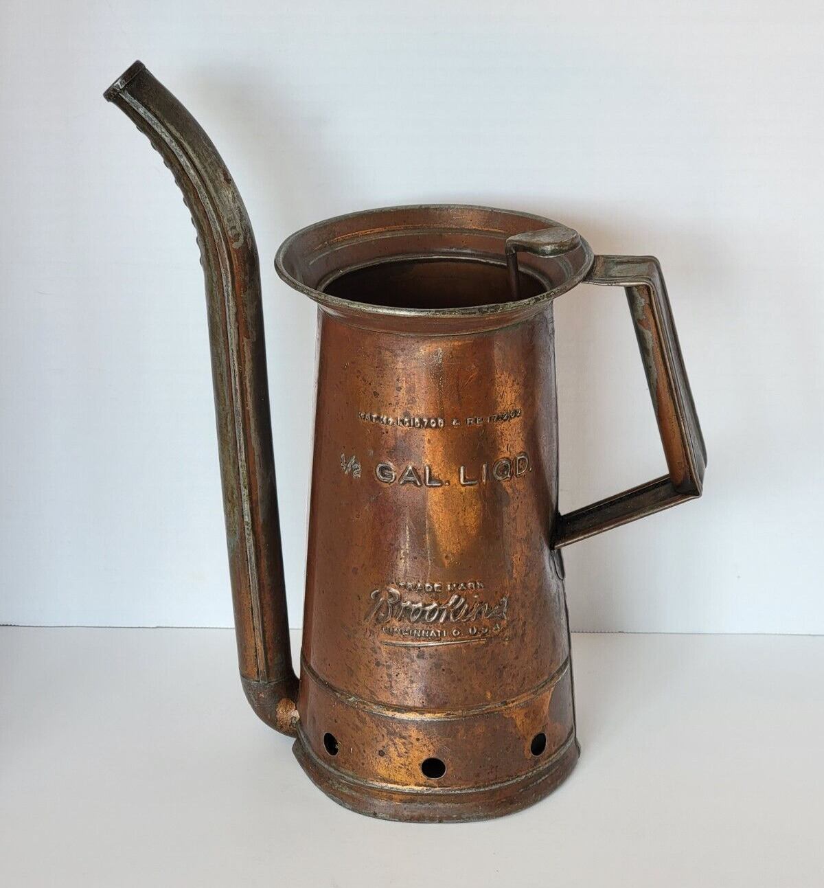 Antique Brookins Copper Plated Steel 1/2 Gallon Gas Oil Can