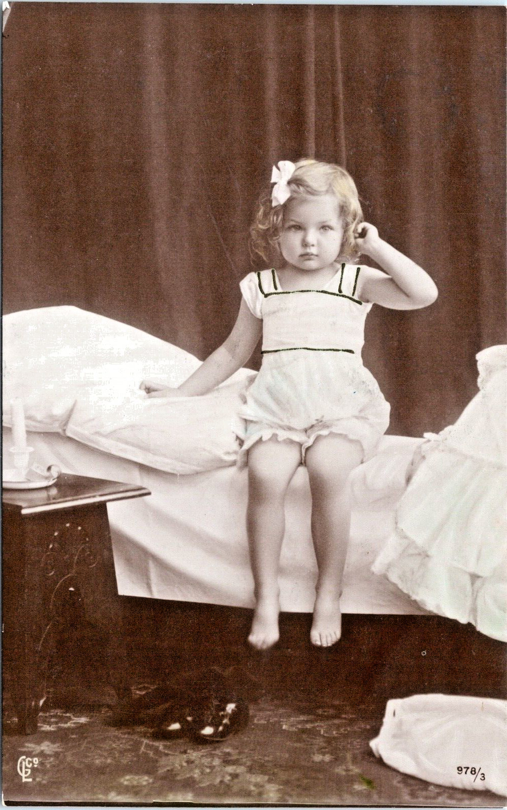 RPPC Young Girl Blond Curls Bow Bedtime Nightie White Lace  Studio P.UN. N-315