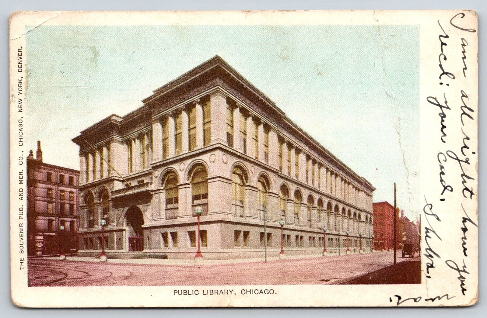 Original Old Vintage Postcard Public Library Building Chicago Illinois USA 1908