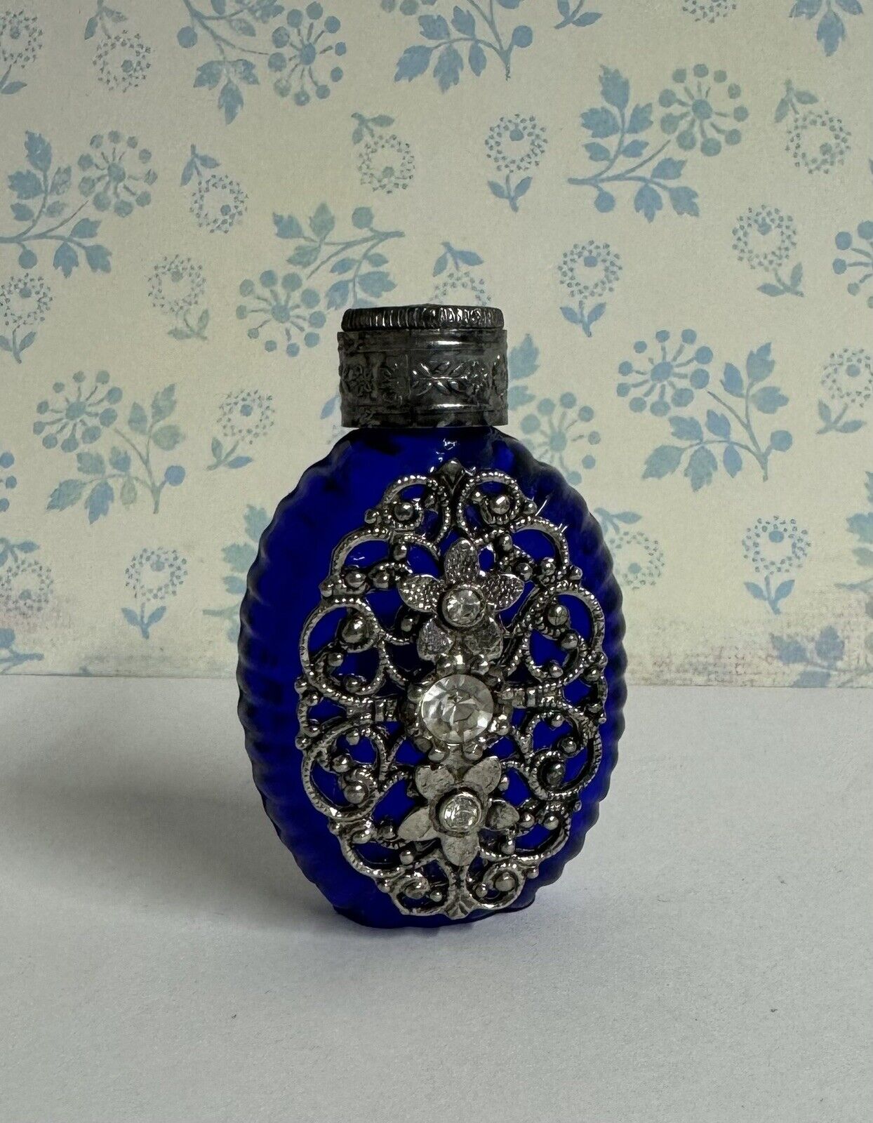 Czech Republic Bohemia Glass Mini Cobalt Perfume Bottle ~ Filigree ~ Rhinestones