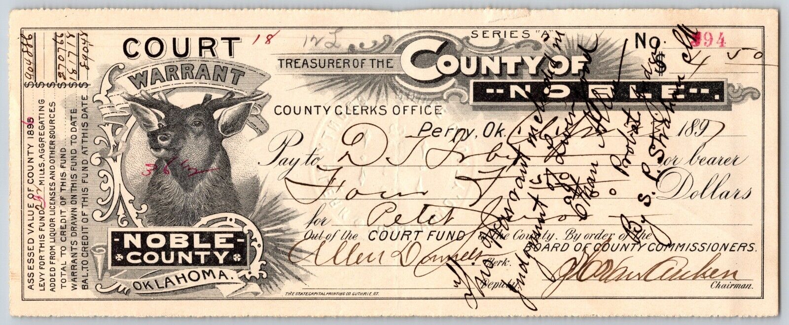 Perry Okla. Territory 1897 Noble County Court Warrant \