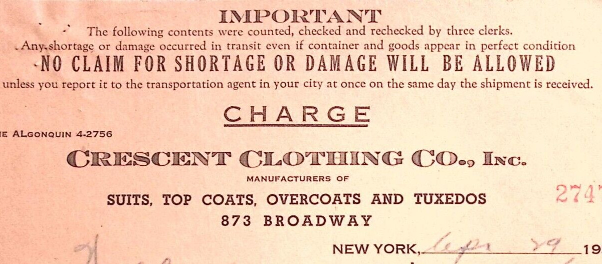 1937 CRESCENT CLOTHING CO NY WALLS ORVILLE OHIO BILLHEAD STATEMENT Z413